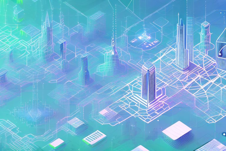 A futuristic cityscape with a network of interconnected blockchains