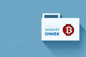 A charity donation box with a cryptocurrency symbol on it