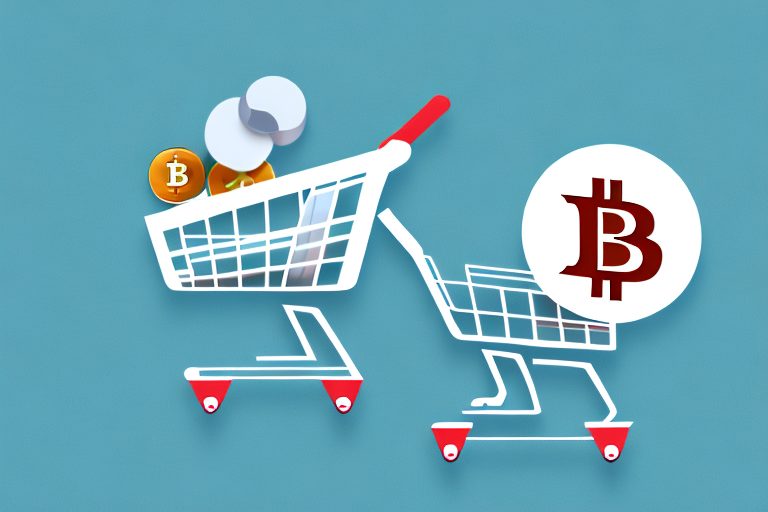 A shopping cart with a cryptocurrency symbol hovering above it