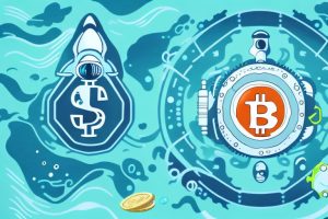 A deep-sea diver exploring a landscape of four different cryptocurrencies