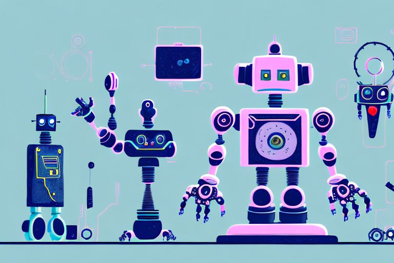 A robot surrounded by various tools and platforms