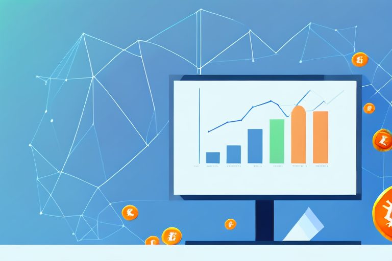 A computer with a monitor displaying a graph of a cryptocurrency's value over time