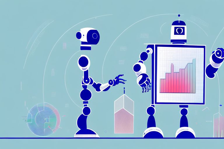 A robot surrounded by a variety of charts and graphs