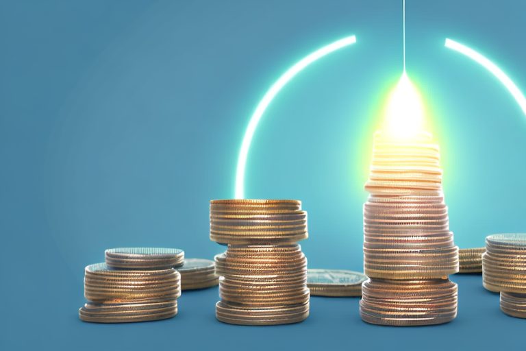 A stack of coins with a glowing light emanating from the top of the stack